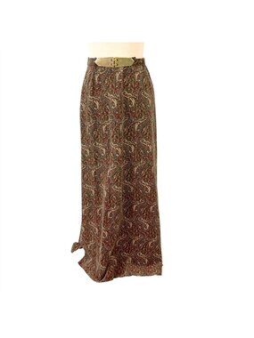 Junior House Maxi Skirt Brown Paisley Velour with Belt Vintage 1980s Made in USA